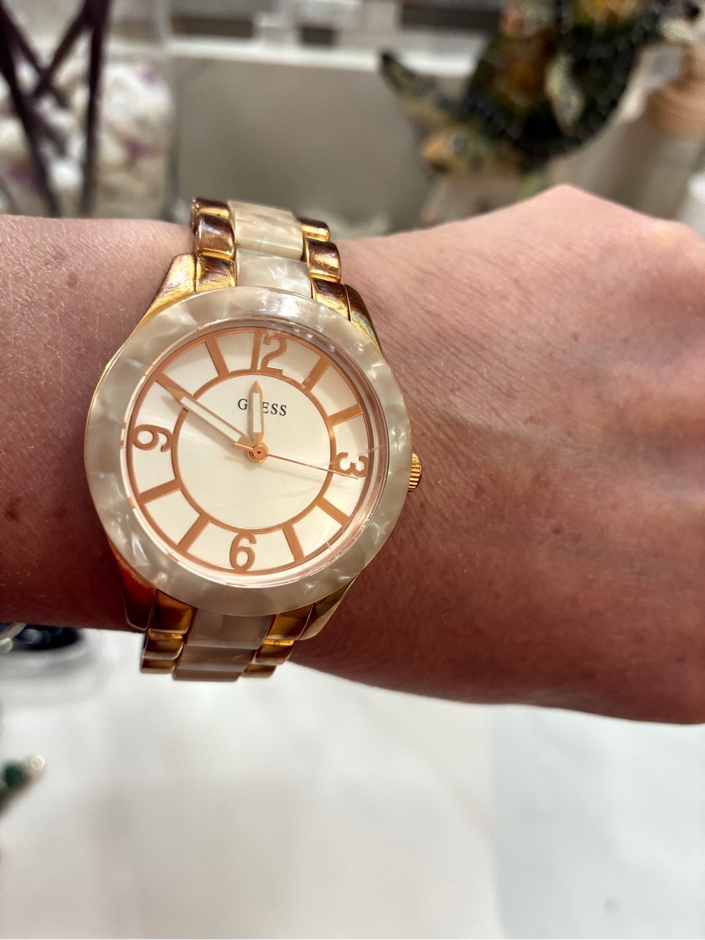 GUESS Rose Gold and Pearl Resin Bracelet Watch
